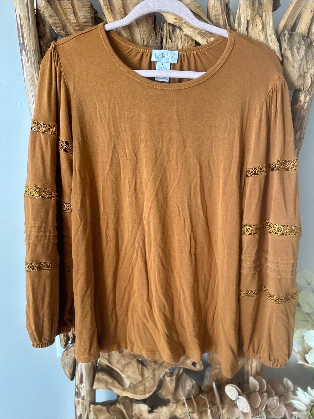 Linda Lee Long-Sleeve Lace Inset Tee in Mustard